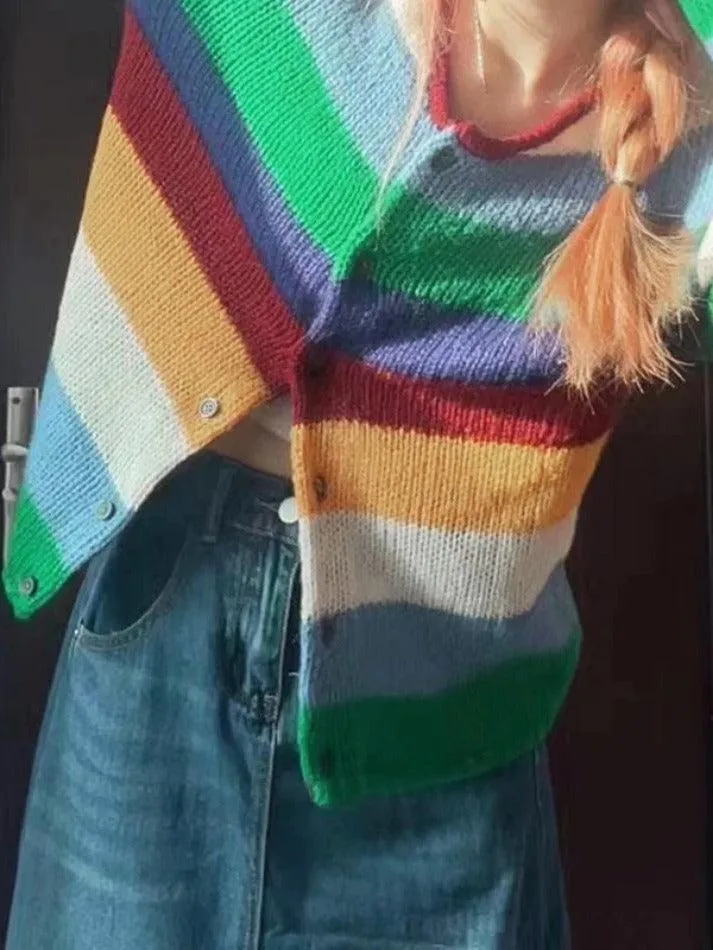Wenkouban-Spring Casual Outfits Y2K Outfits Contrast Color Rainbow Stripe Cardigan