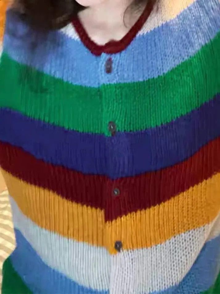 Wenkouban-Spring Casual Outfits Y2K Outfits Contrast Color Rainbow Stripe Cardigan