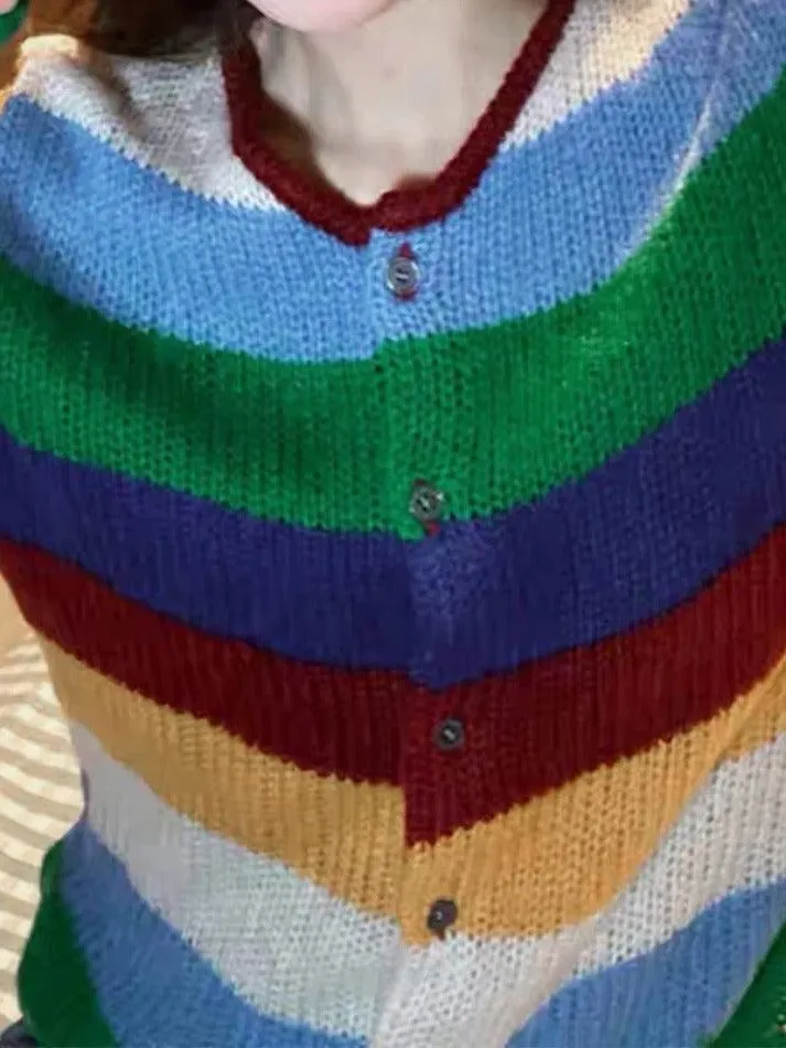 Wenkouban-Spring Casual Outfits Y2K Outfits Contrast Color Rainbow Stripe Cardigan