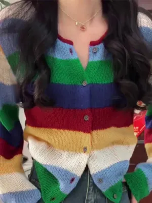 Wenkouban-Spring Casual Outfits Y2K Outfits Contrast Color Rainbow Stripe Cardigan