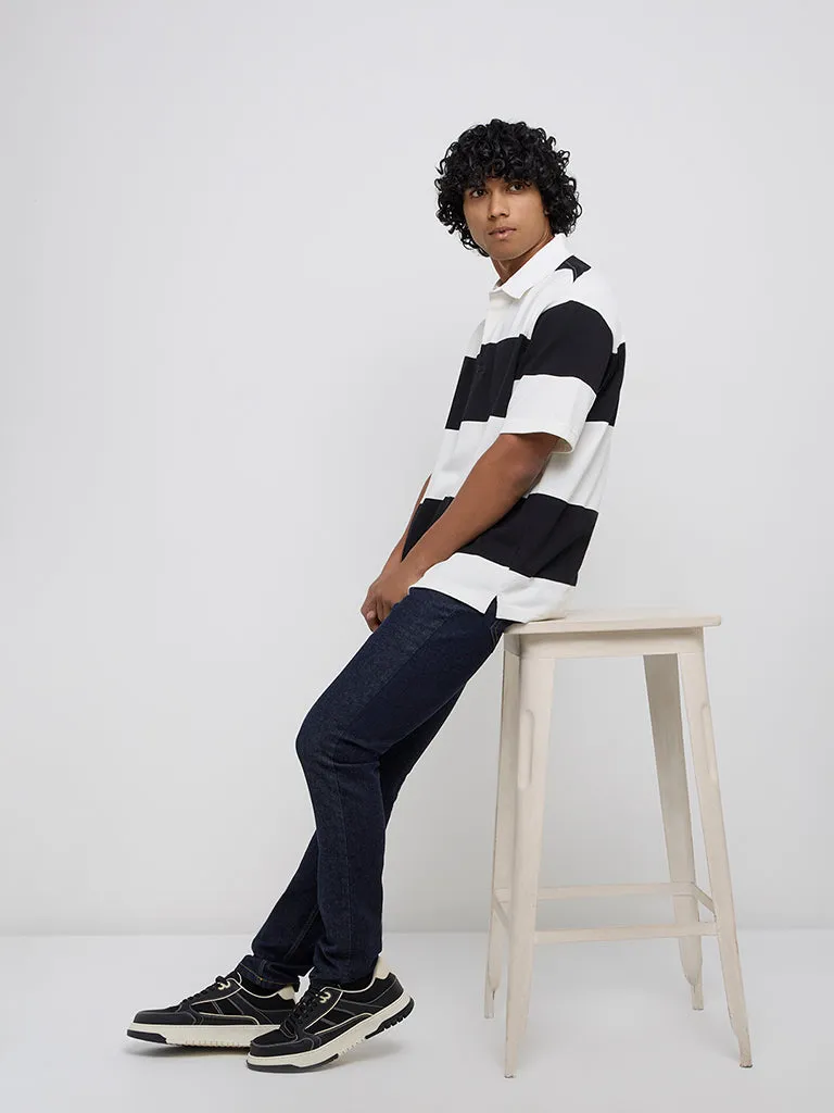 WES Casuals Black Striped Relaxed-Fit Cotton-Blend Polo T-Shirt