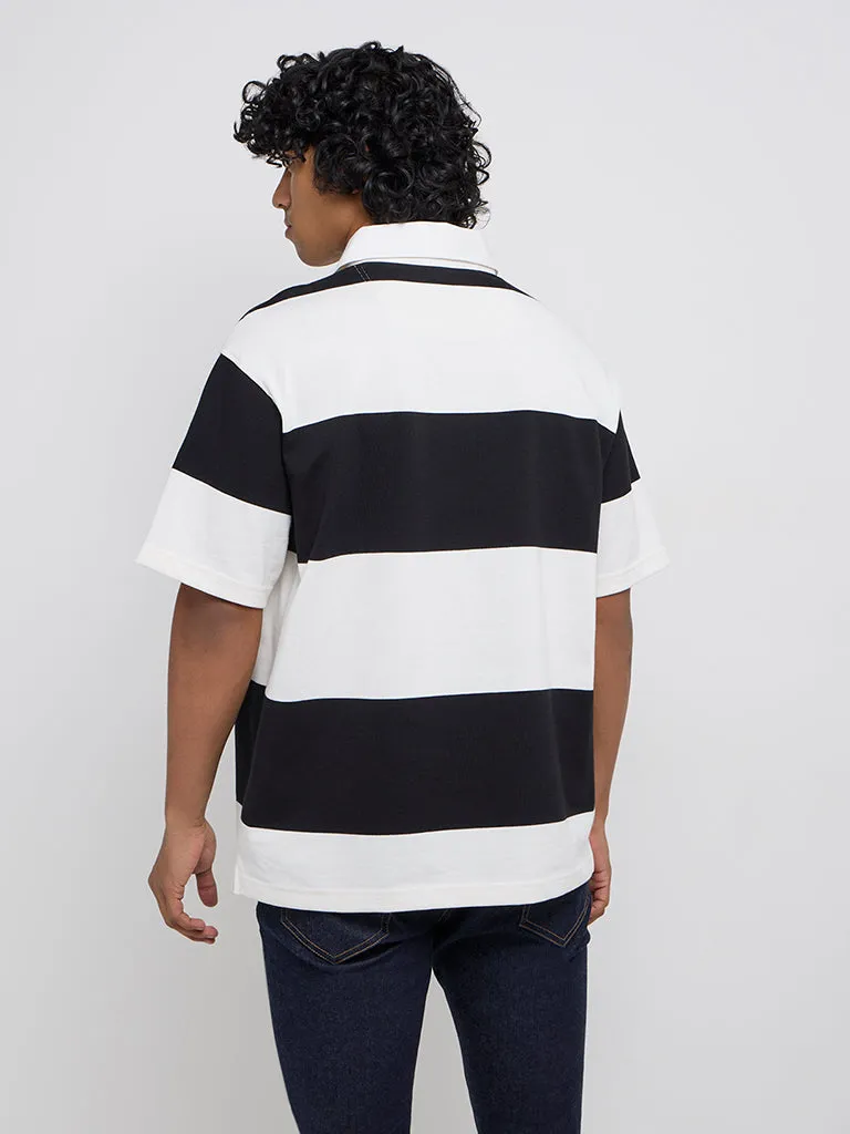 WES Casuals Black Striped Relaxed-Fit Cotton-Blend Polo T-Shirt