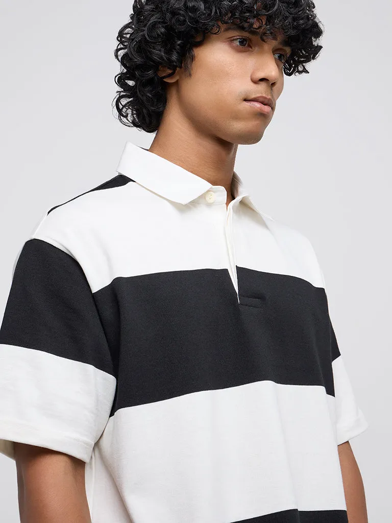 WES Casuals Black Striped Relaxed-Fit Cotton-Blend Polo T-Shirt