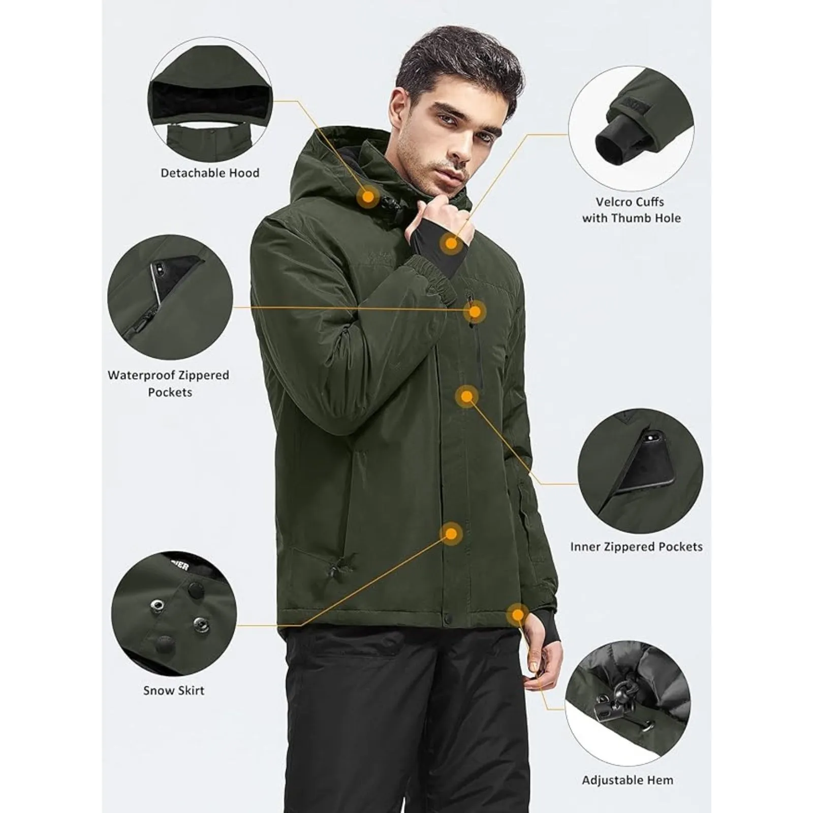 WHALE Men's Waterproof Warm Fleece Lined Ski Jacket