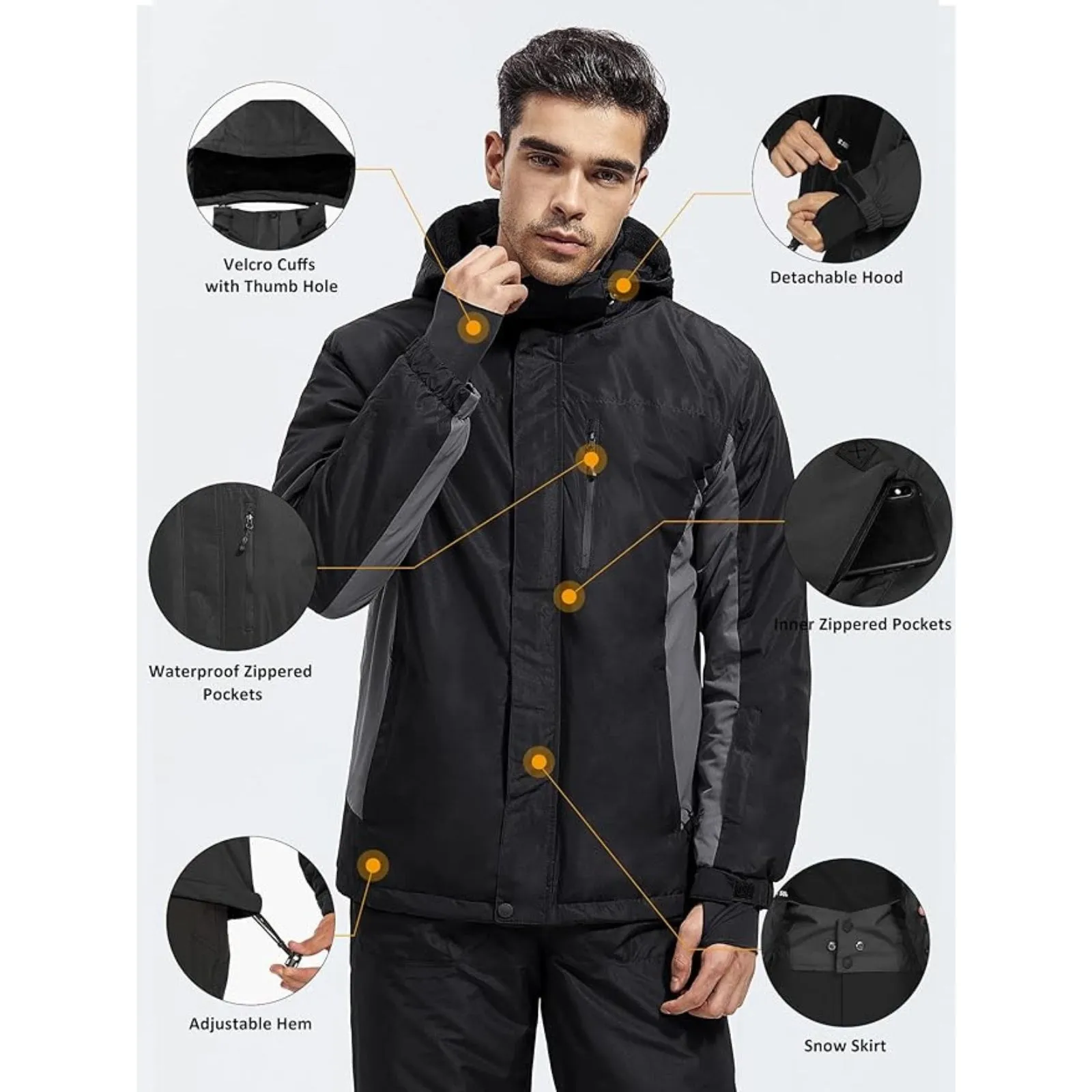 WHALE Men's Waterproof Warm Fleece Lined Ski Jacket