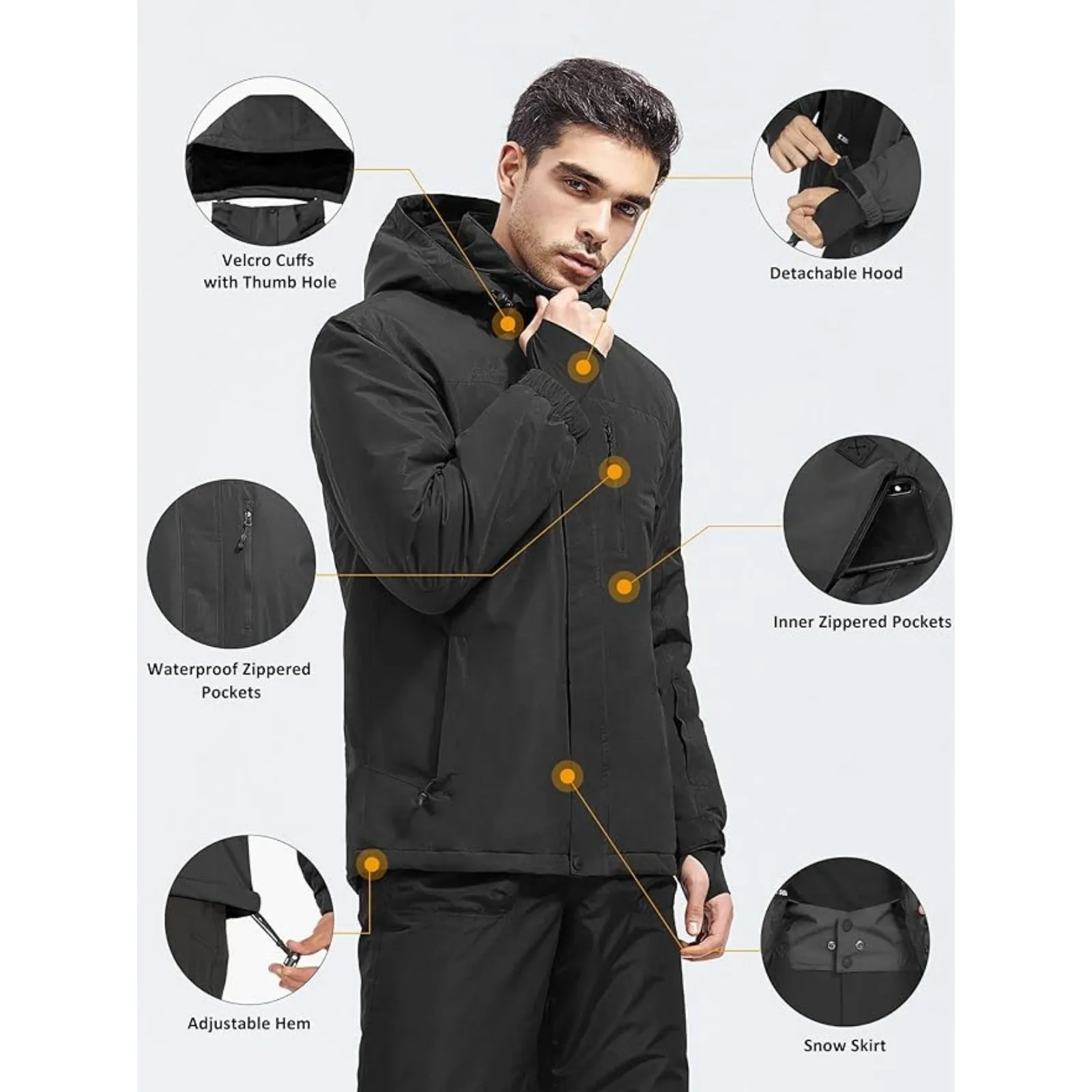 WHALE Men's Waterproof Warm Fleece Lined Ski Jacket