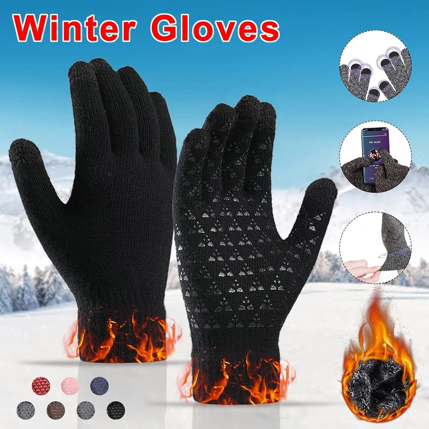 Winter Gloves Men,Full Fingers Touch Screen Thermal Knit Lining Cotton Gloves for Hiking Driving Kids Cold Weather