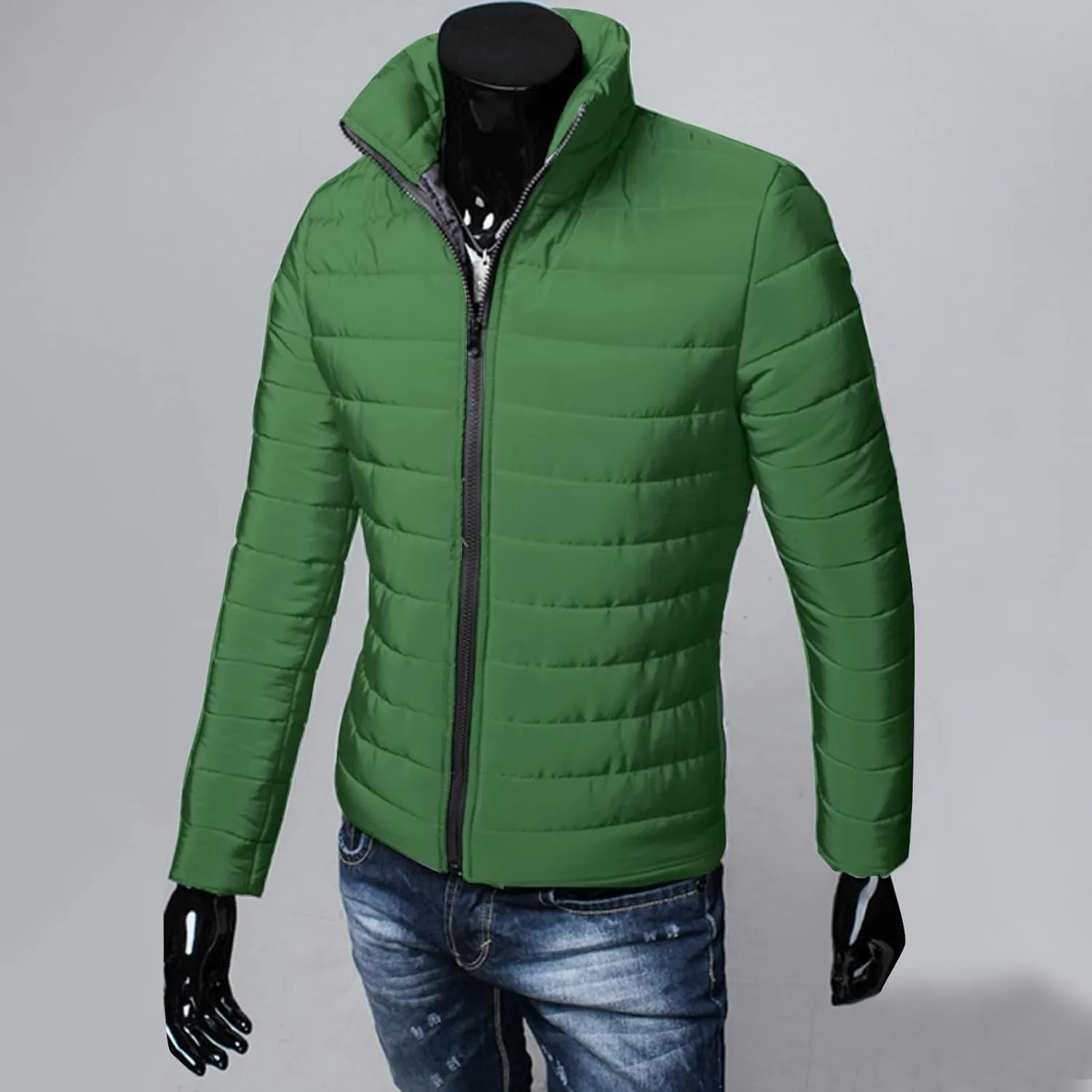 Winter Jacket for Men Casual Solid Color Stand Collar Chunky Jackets Long Sleeve Full Zip Lightweight Warm Coats