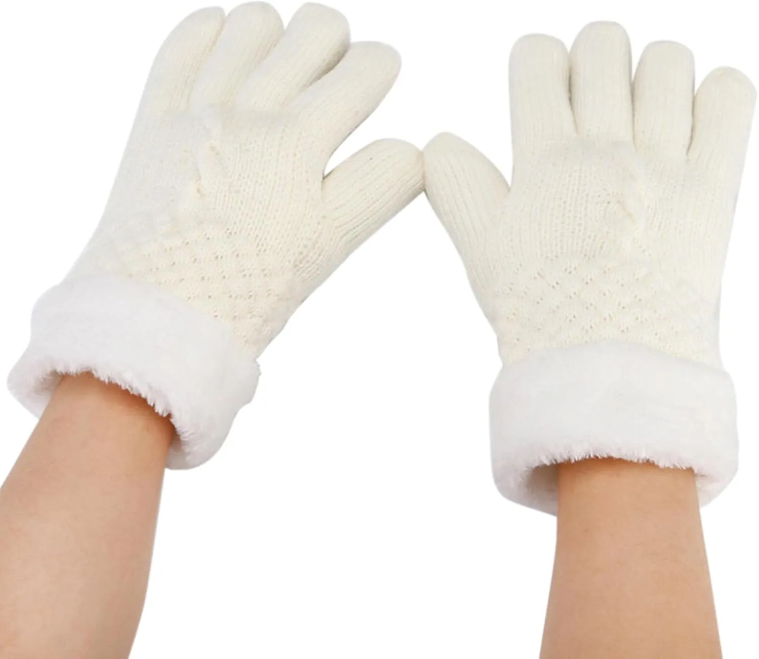 Winter Mesh Gloves Women'S Knitted Plus Velvet Thickened Autumn And Winter Warm Pattern Gloves (Adult Gloves Mittens Men (White, One Size)