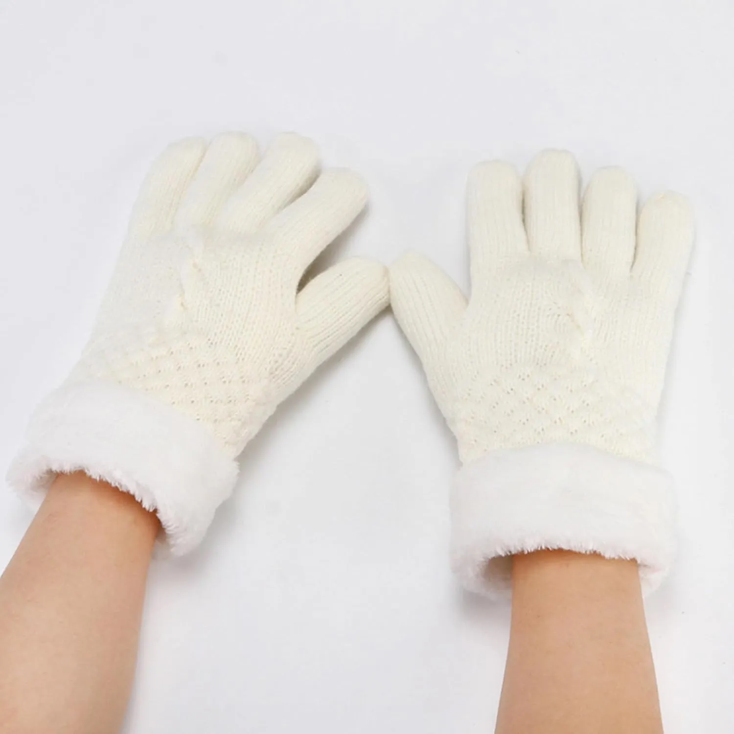 Winter Mesh Gloves Women'S Knitted Plus Velvet Thickened Autumn And Winter Warm Pattern Gloves (Adult Gloves Mittens Men (White, One Size)