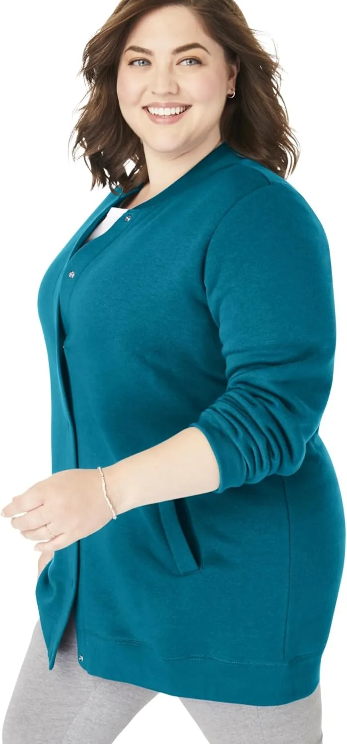 Woman Within Plus Size Fleece Baseball Jacket Long Oversized Fleece Coat