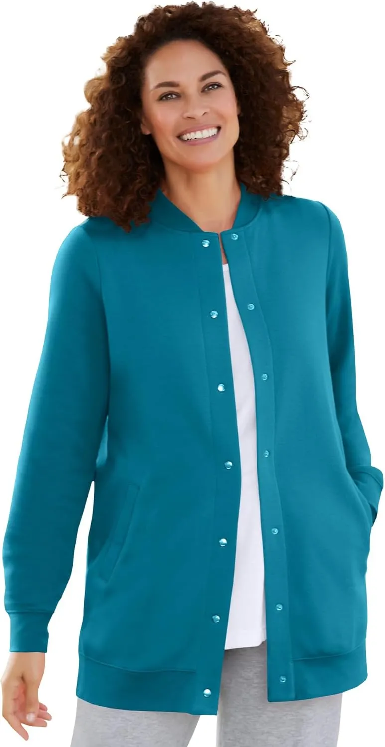 Woman Within Plus Size Fleece Baseball Jacket Long Oversized Fleece Coat