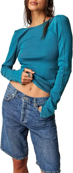 Women Basic T-Shirt Long Sleeve Casual Solid Color Slim Fit V-Neck Slim Fit Tops Summer Club Streetwear