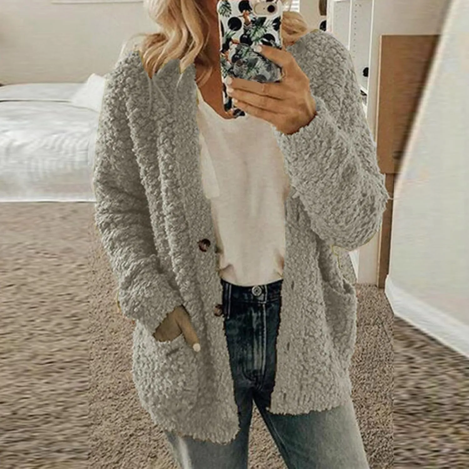 Women Casual Plus Size Plush Sweater Pockets Outerwear Buttons Cardigan Coat Hooded Lightweight Jacket for