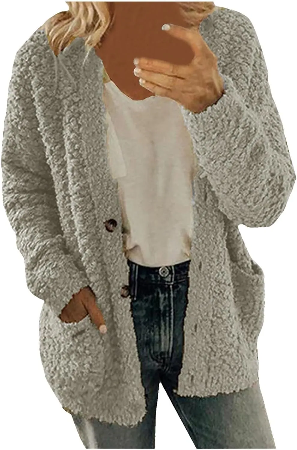 Women Casual Plus Size Plush Sweater Pockets Outerwear Buttons Cardigan Coat Hooded Lightweight Jacket for