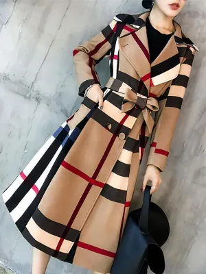 Women Color Block Plaid Trench Coat with Belt Contrast Trench Vintage Coat