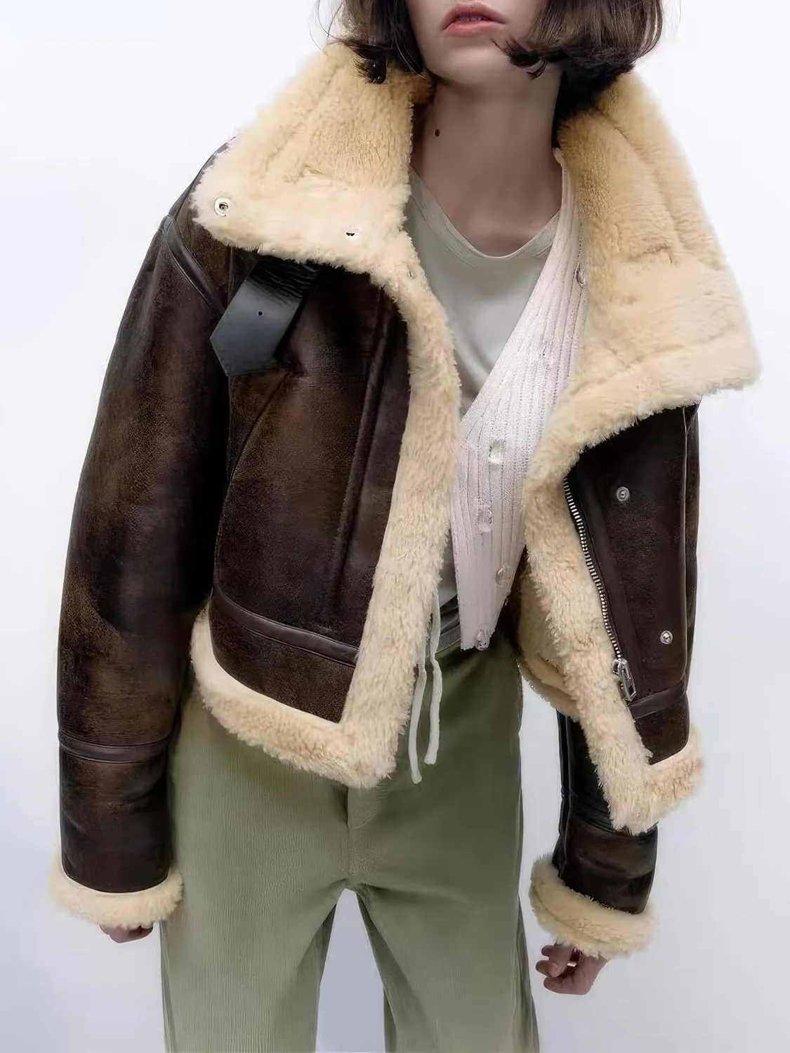 Women Distressed Brown Genuine Lambskin Sherpa Shearling Faux Fur Moto Biker Fashion Winter Bomber Leather Jacket