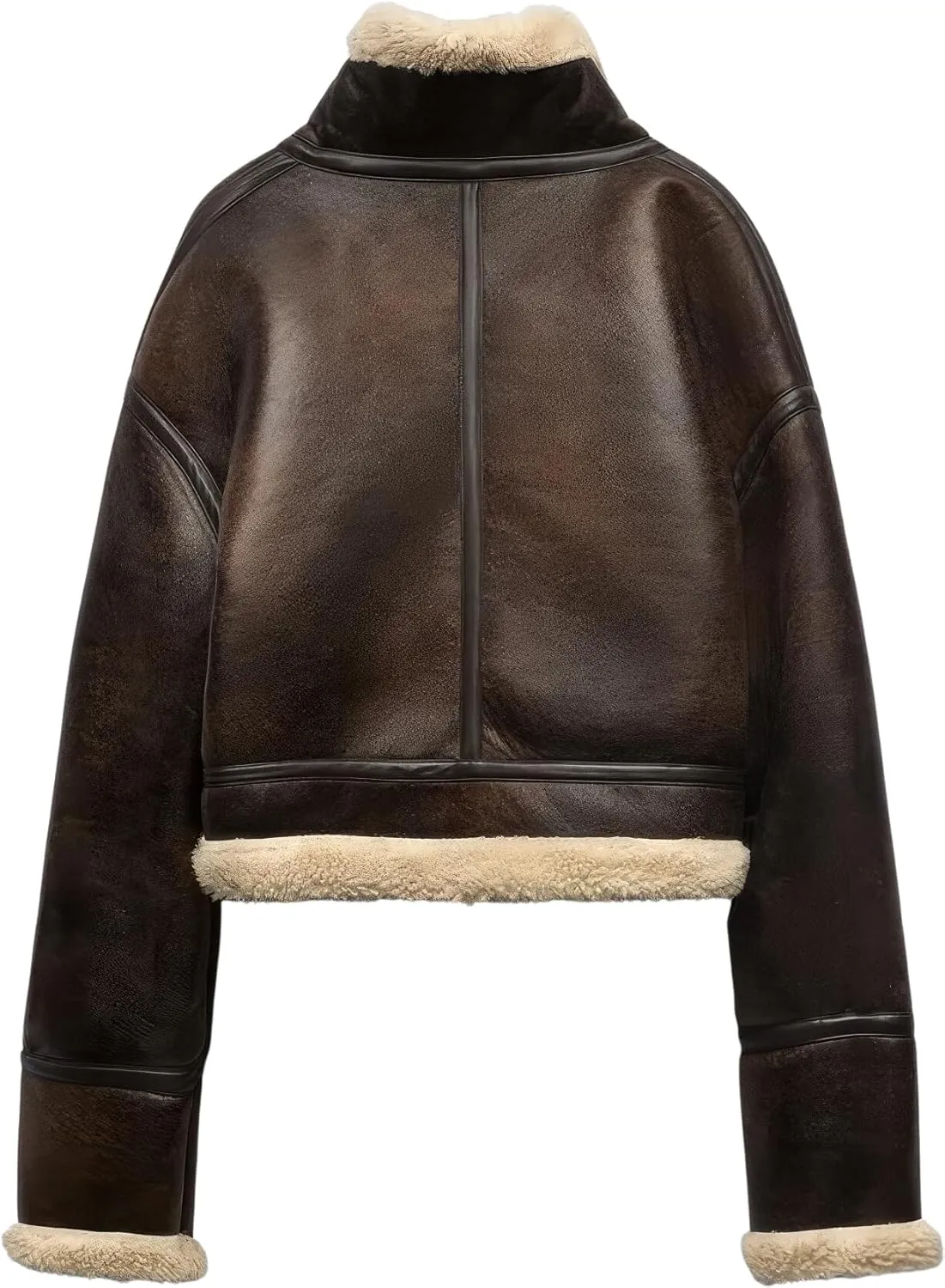Women Distressed Brown Genuine Lambskin Sherpa Shearling Faux Fur Moto Biker Fashion Winter Bomber Leather Jacket