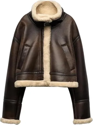 Women Distressed Brown Genuine Lambskin Sherpa Shearling Faux Fur Moto Biker Fashion Winter Bomber Leather Jacket