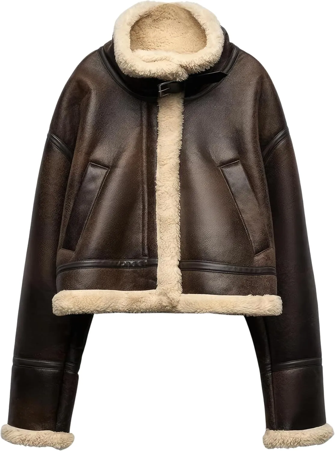 Women Distressed Brown Genuine Lambskin Sherpa Shearling Faux Fur Moto Biker Fashion Winter Bomber Leather Jacket