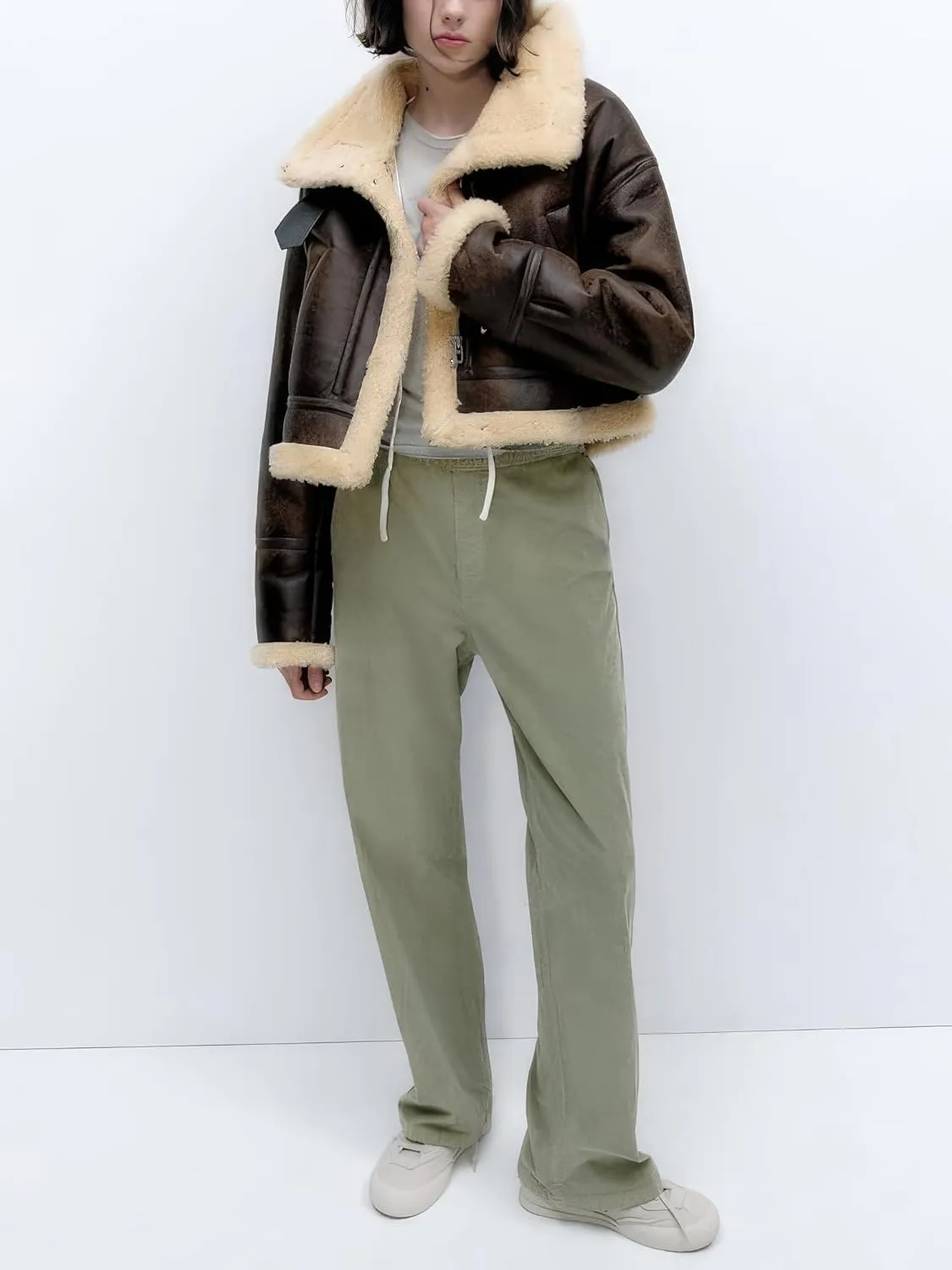 Women Distressed Brown Genuine Lambskin Sherpa Shearling Faux Fur Moto Biker Fashion Winter Bomber Leather Jacket