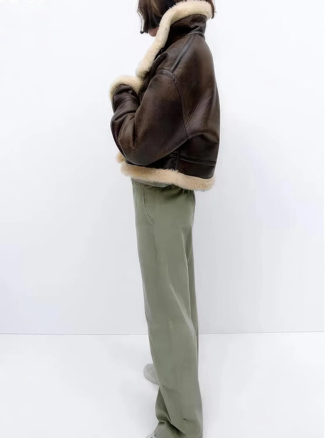 Women Distressed Brown Genuine Lambskin Sherpa Shearling Faux Fur Moto Biker Fashion Winter Bomber Leather Jacket