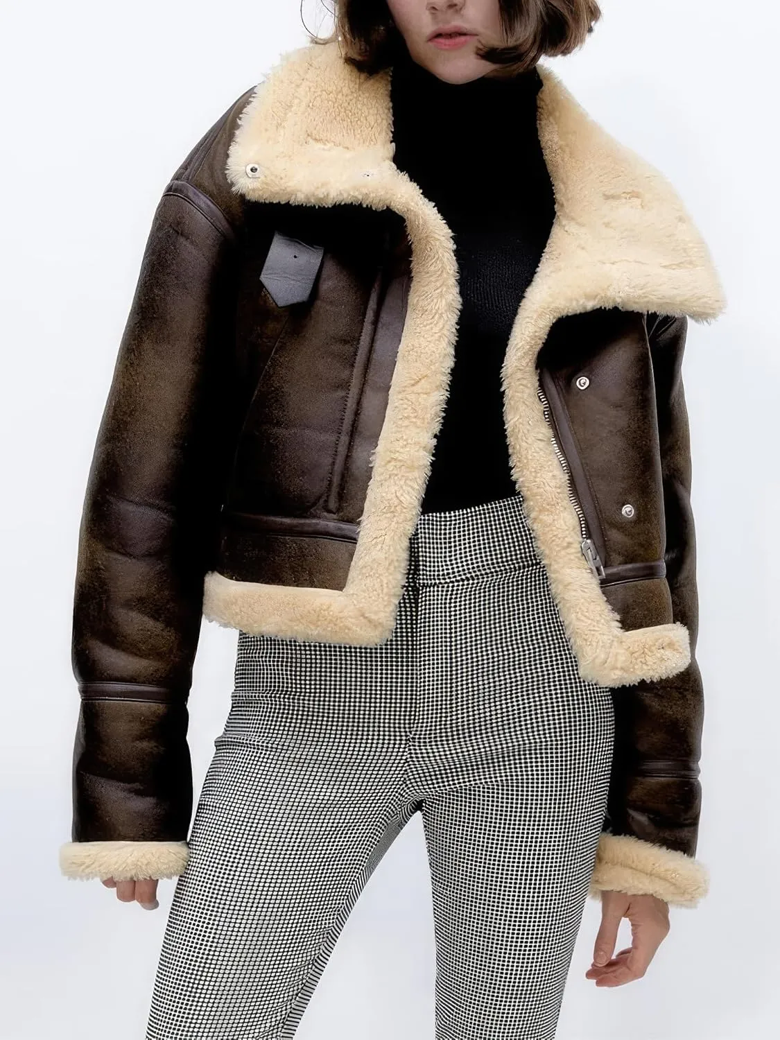 Women Distressed Brown Genuine Lambskin Sherpa Shearling Faux Fur Moto Biker Fashion Winter Bomber Leather Jacket