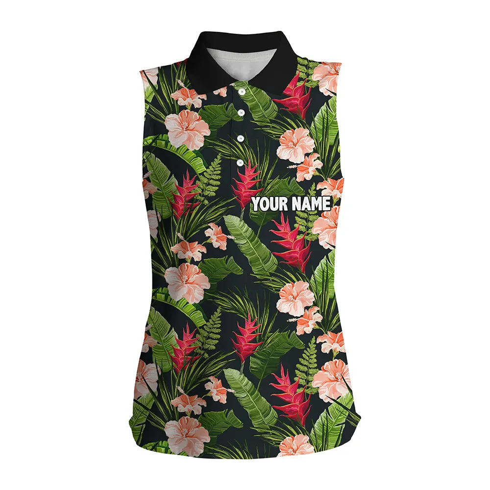 Women Sleeveless Golf Polo Shirt Custom Tropical Hibiscus Pattern Golf Wear For Ladies