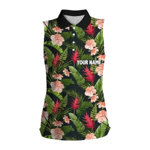 Women Sleeveless Golf Polo Shirt Custom Tropical Hibiscus Pattern Golf Wear For Ladies