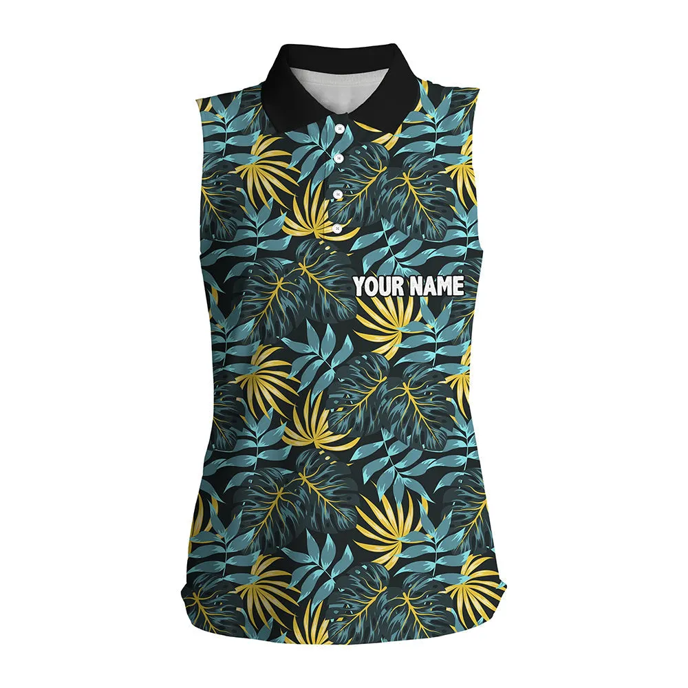 Women Sleeveless Golf Polo Shirt Custom Tropical Hibiscus Pattern Golf Wear For Ladies