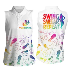 Women sleeveless polo shirt, custom watercolor golf icons swing swear repeat, gifts for golf lovers