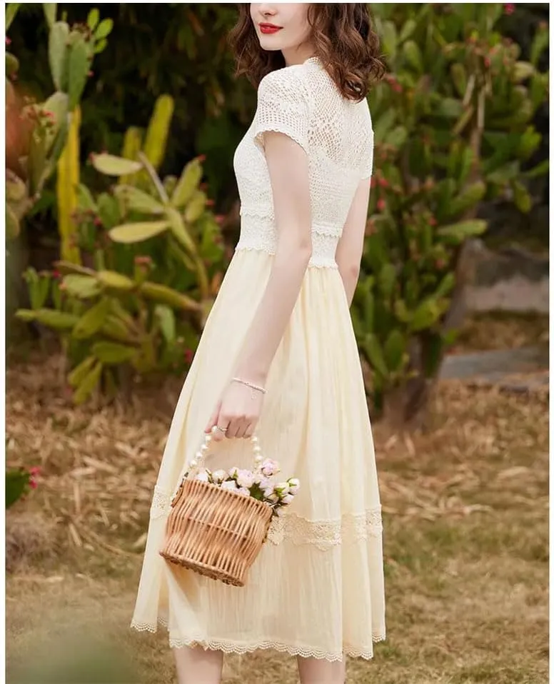 Women Slim Fit Dress Elegant Lace V Neck Short Sleeve A-LINE Slim Fit Long Dress