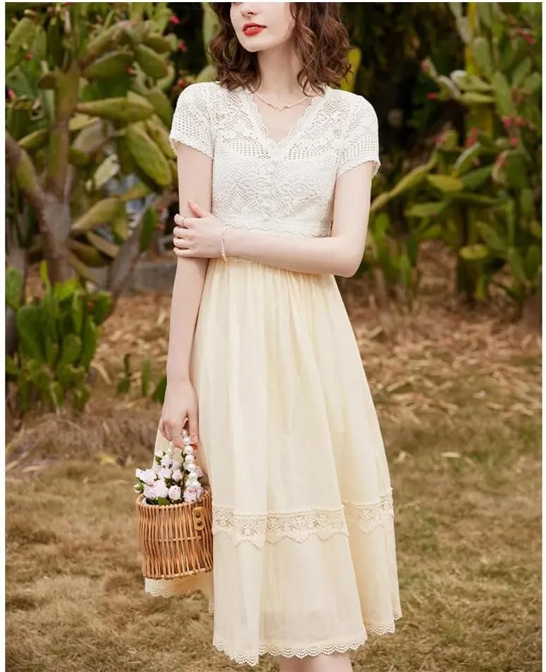 Women Slim Fit Dress Elegant Lace V Neck Short Sleeve A-LINE Slim Fit Long Dress