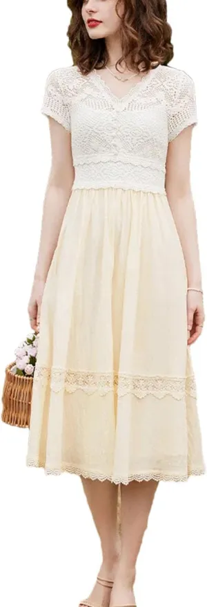 Women Slim Fit Dress Elegant Lace V Neck Short Sleeve A-LINE Slim Fit Long Dress