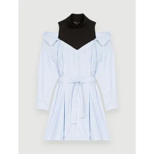 Women Striped Trompe L'Oeil Shirt Dress - Light Blue
