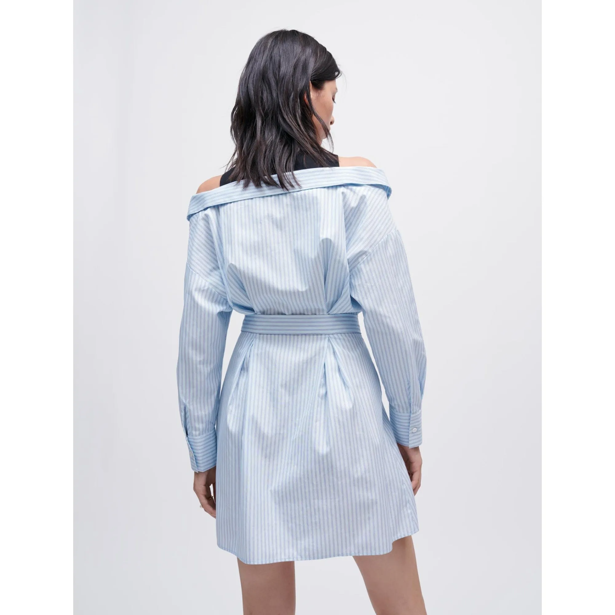 Women Striped Trompe L'Oeil Shirt Dress - Light Blue