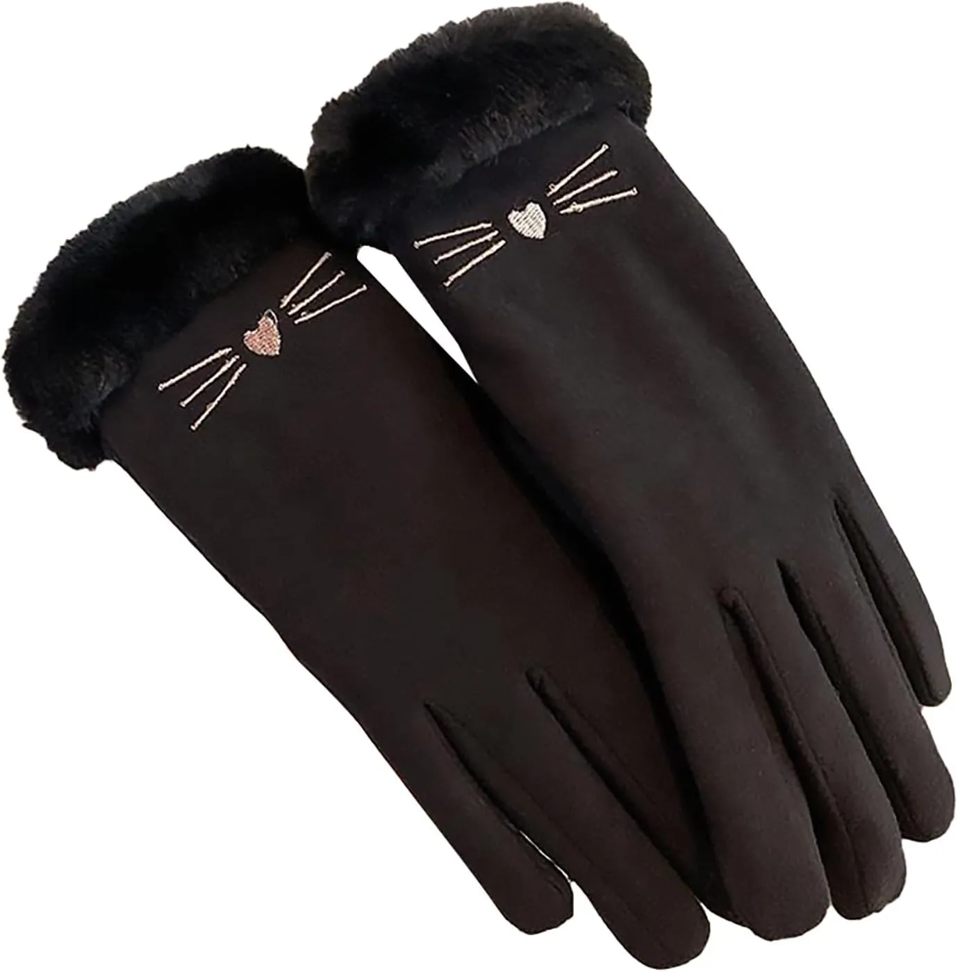 Women Winter Warm Thermal Suede Touchscreen Gloves Cute Cat Drive Cycling Mittens with Furry Cuff