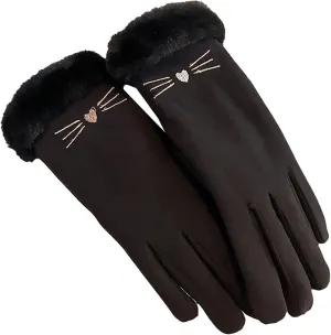 Women Winter Warm Thermal Suede Touchscreen Gloves Cute Cat Drive Cycling Mittens with Furry Cuff