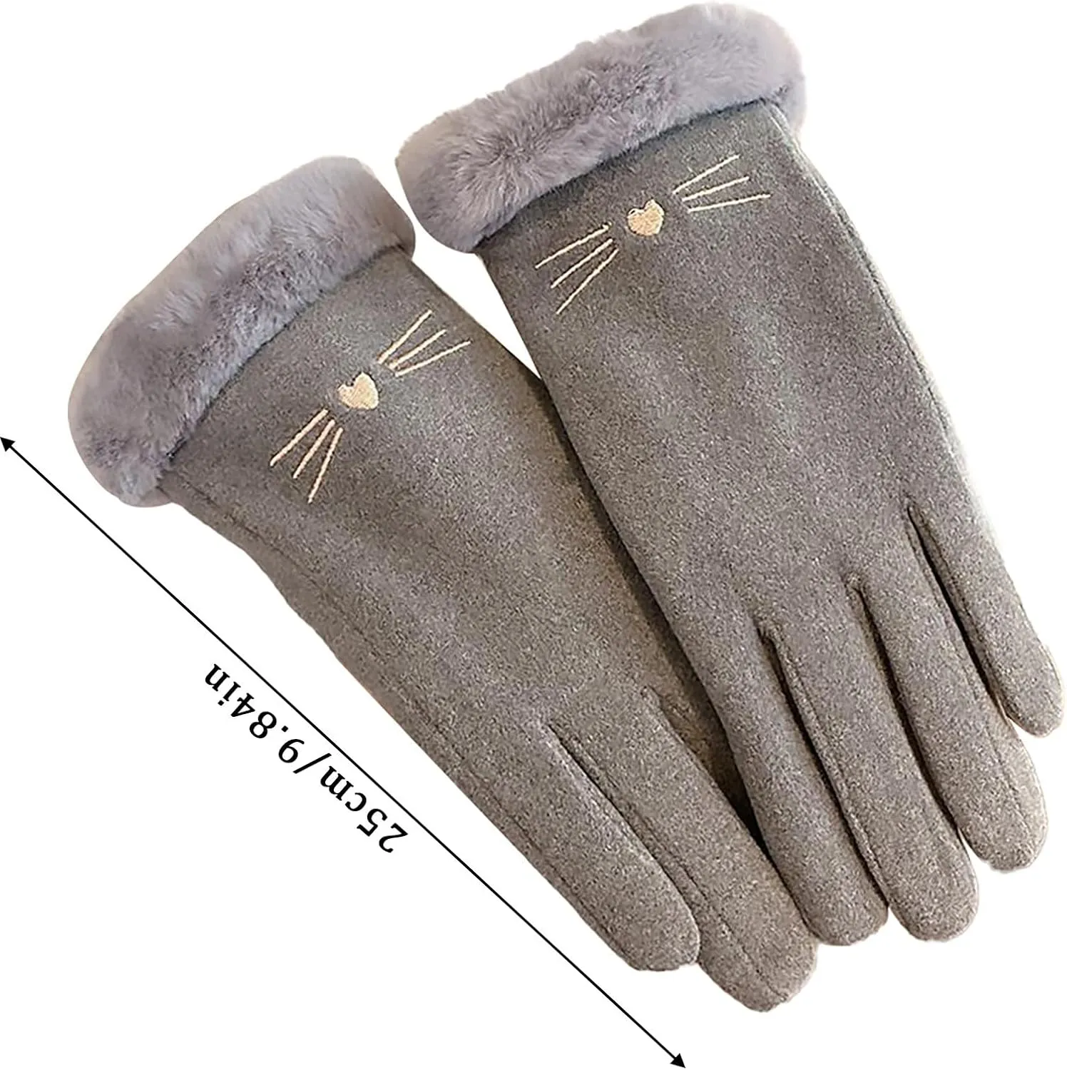 Women Winter Warm Thermal Suede Touchscreen Gloves Cute Cat Drive Cycling Mittens with Furry Cuff