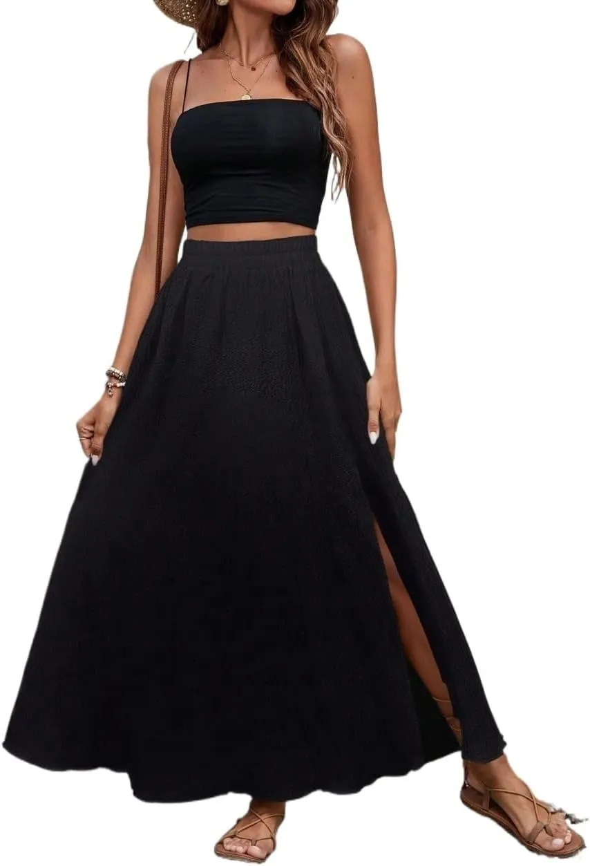Women's 2025 Casual Maxi Long Skirts Solid Color Slit Casual Skirt
