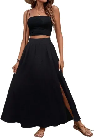 Women's 2025 Casual Maxi Long Skirts Solid Color Slit Casual Skirt