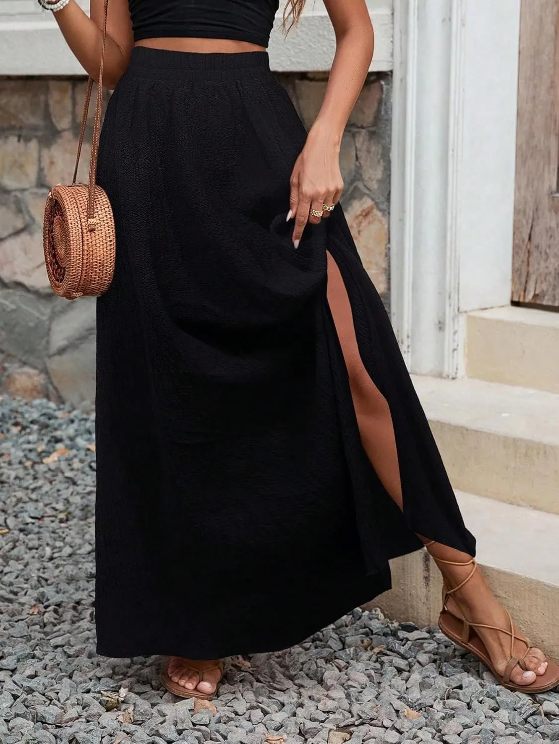 Women's 2025 Casual Maxi Long Skirts Solid Color Slit Casual Skirt
