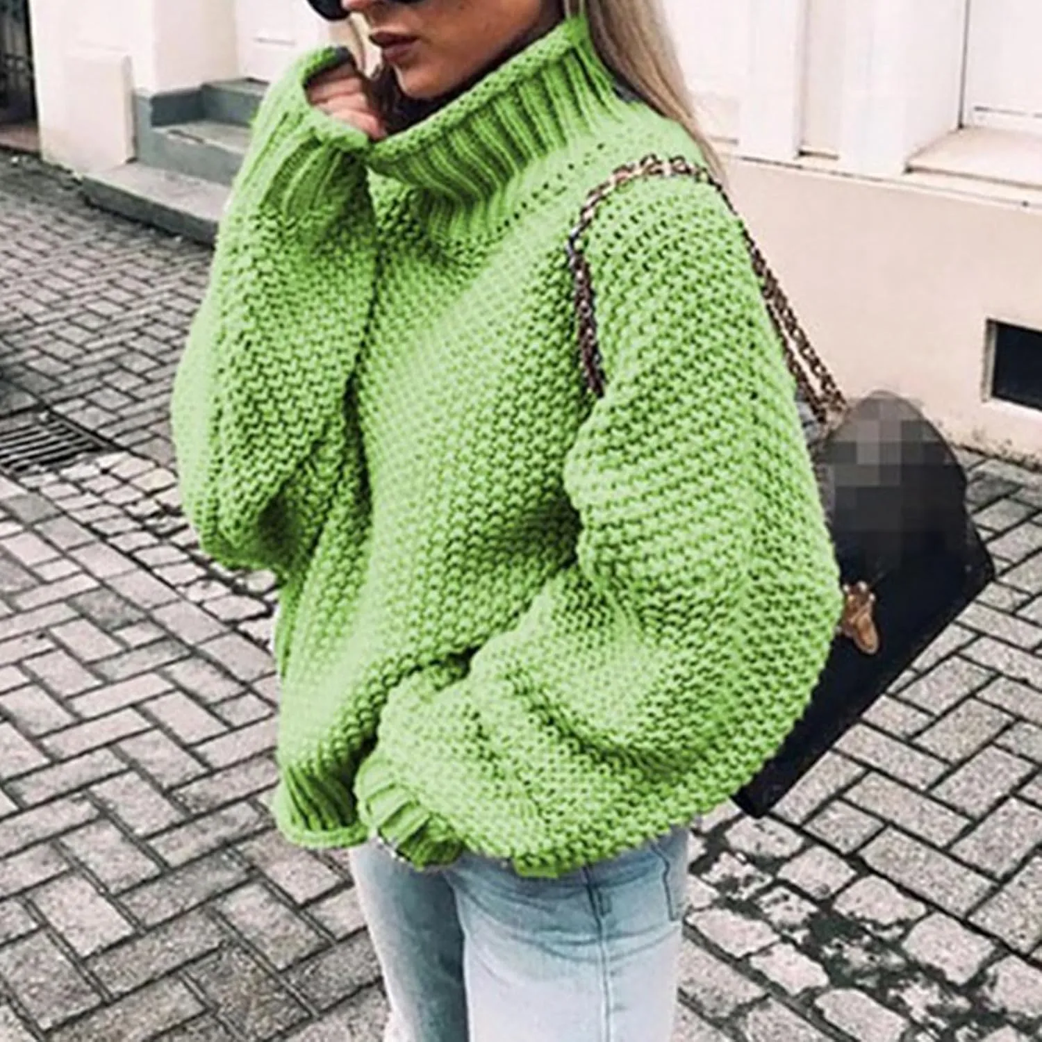 Women's 2025 Turtleneck Balloon Sleeve Sweater Trendy Oversized Chunky Knitted Pullover Knitwear Knitted Jumper Tops