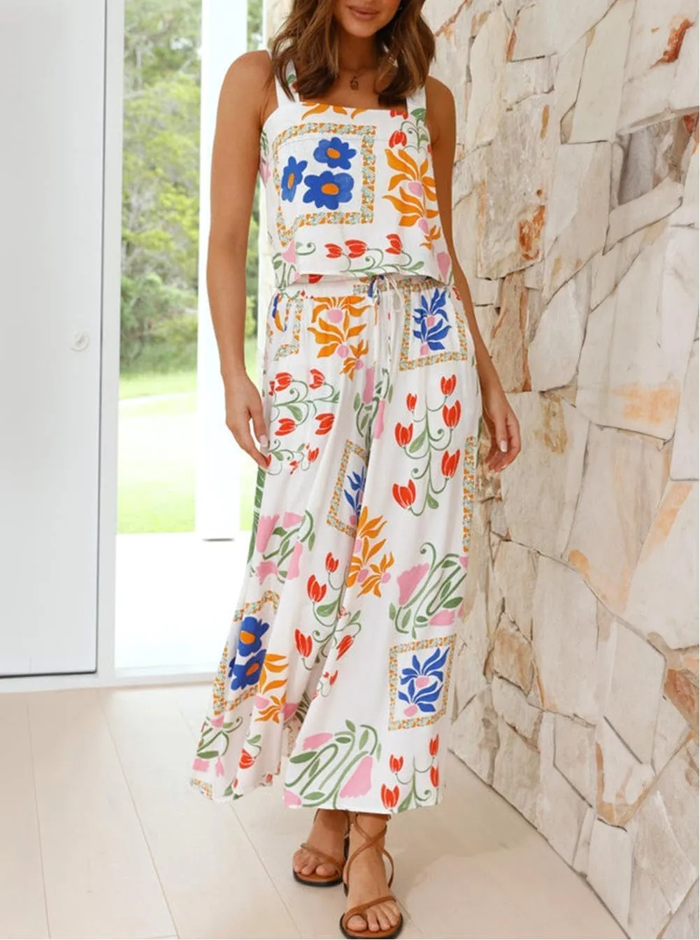 Womens Boho Floral Y2k Summer 2 Piece Outfits Square Neck Tank Pants 2 Piece Sets For Women Summer Shorts