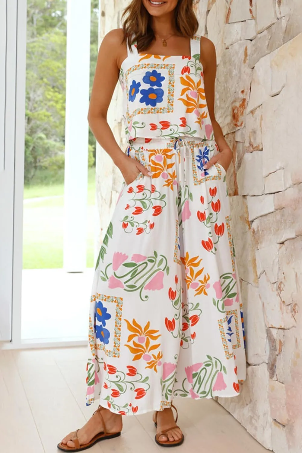 Womens Boho Floral Y2k Summer 2 Piece Outfits Square Neck Tank Pants 2 Piece Sets For Women Summer Shorts