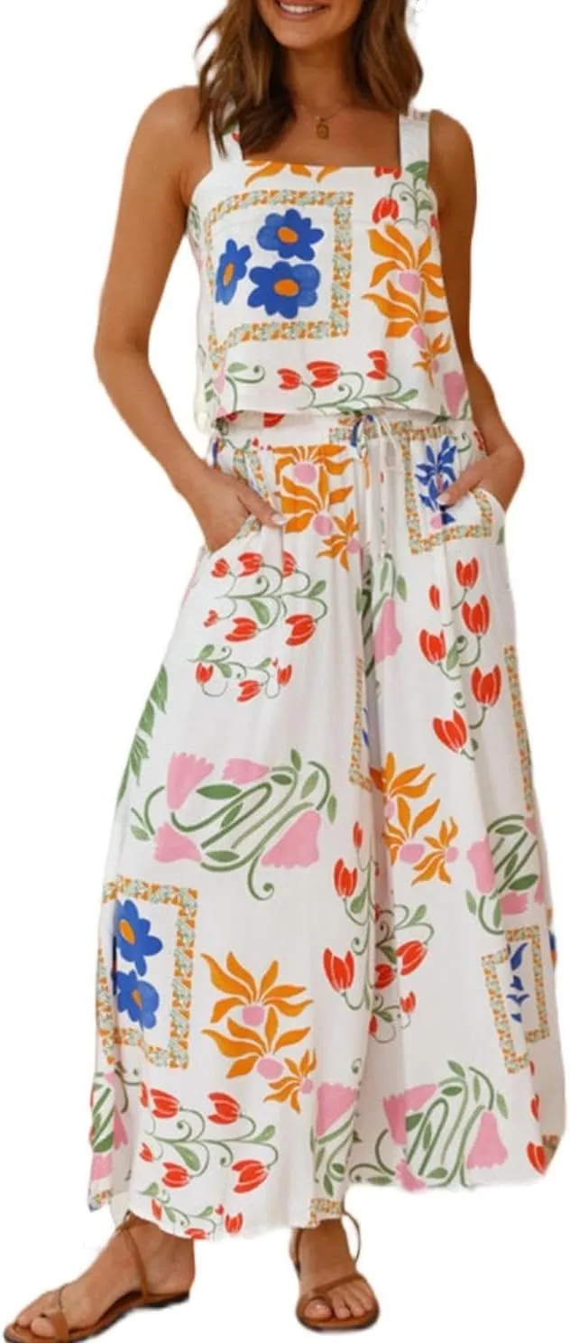 Womens Boho Floral Y2k Summer 2 Piece Outfits Square Neck Tank Pants 2 Piece Sets For Women Summer