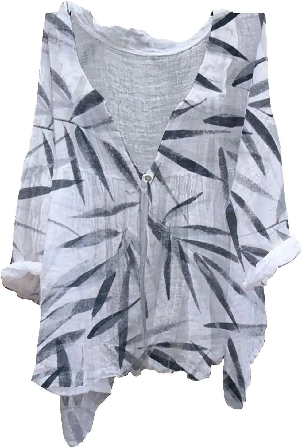 Womens Casual Button V Neck Women's Retro Floral Art Print Casual Long Sleeve Casual Collared Blouses Loose Fit