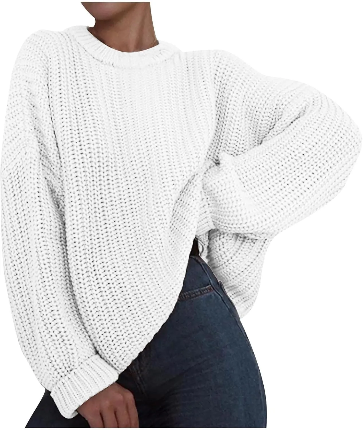 Womens Casual Long Sleeve Pullover Sweaters Solid Crew Neck Striped Ribbed Knitted Loose Jumper Tops Plus Size