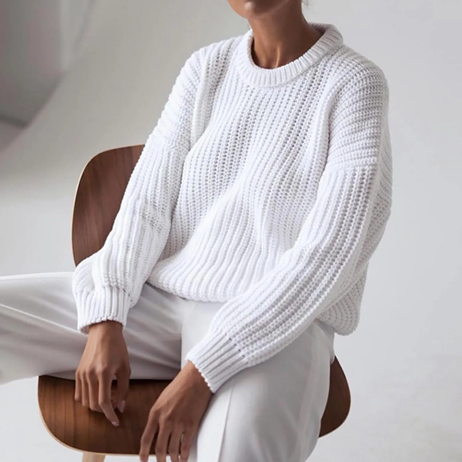 Womens Casual Long Sleeve Pullover Sweaters Solid Crew Neck Striped Ribbed Knitted Loose Jumper Tops Plus Size