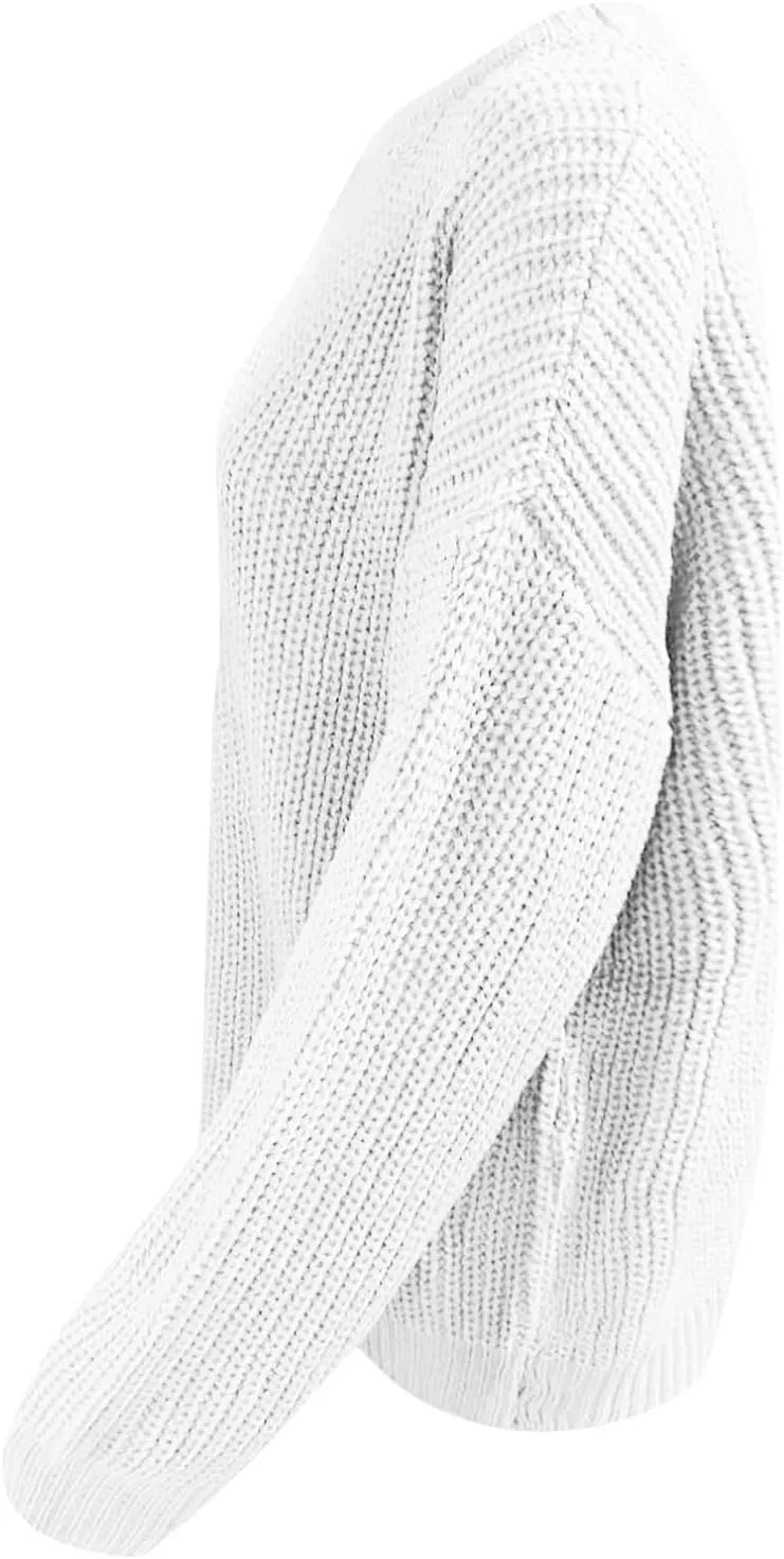 Womens Casual Long Sleeve Pullover Sweaters Solid Crew Neck Striped Ribbed Knitted Loose Jumper Tops Plus Size
